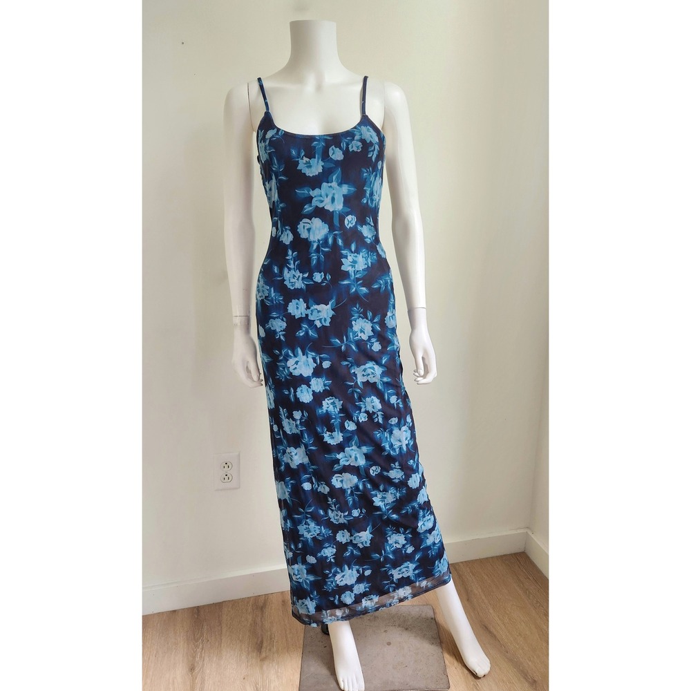 No Boundaries Maxi Slip Dress Womens S Dark Blue Floral Mesh Y2K 90s Whimsigoth